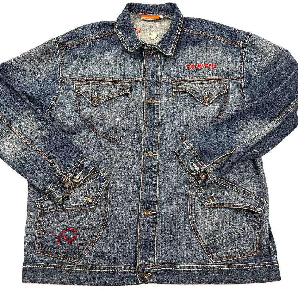 Rocawear‎ Denim Jean Jacket Mens 3XL Hip Hop Blue Baggy  Vintage Y2K Trucker